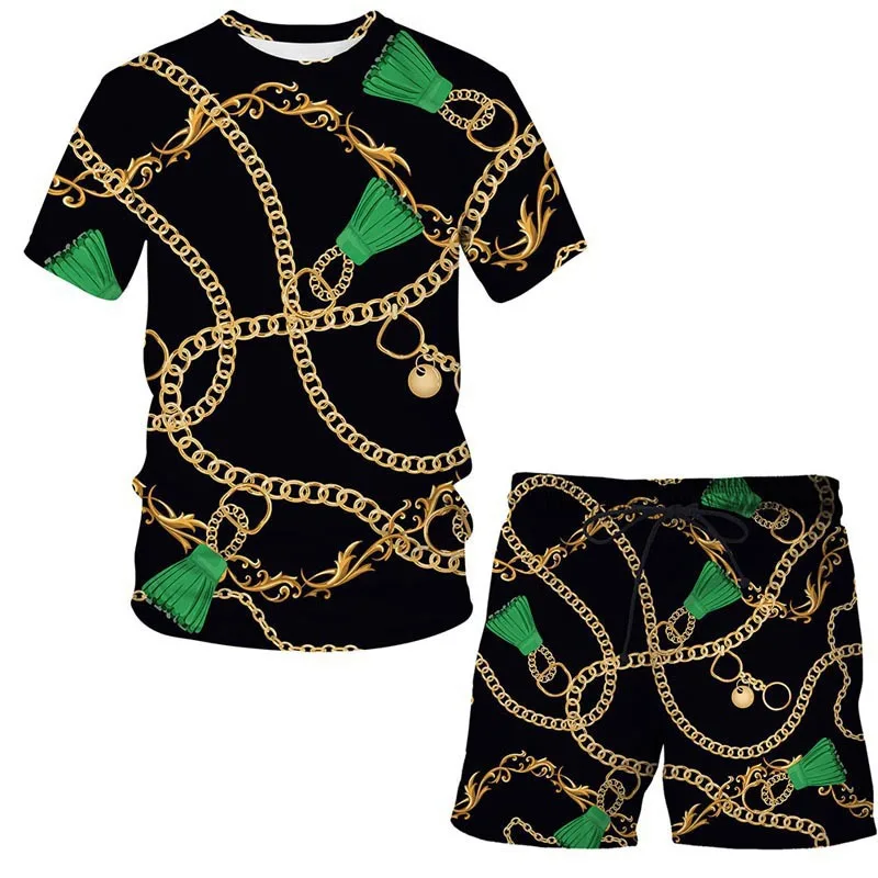 New Summer Men Sets Retro Luxury Gold Chain Short Sleeve T-shirt Two Piece Fashion Tops Tee Casual Streetwear Couple Clothing