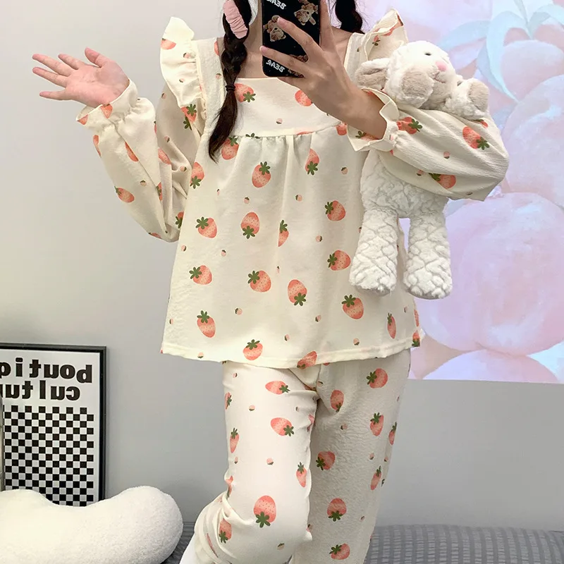 Spring Autumn Pajamas for Women Puff Sleeves Cotton Korean Loose Long-sleeved Sleepwear Trousers Cute Home Clothes Two-piece Set