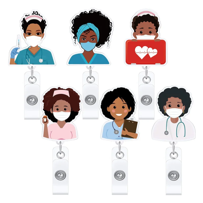 

1Pcs Pretty Black Girl Doctors & Nurses 360° Rotation Retractable Badge Reel Nurse Card Holder Exhibition Enfermera Name Card