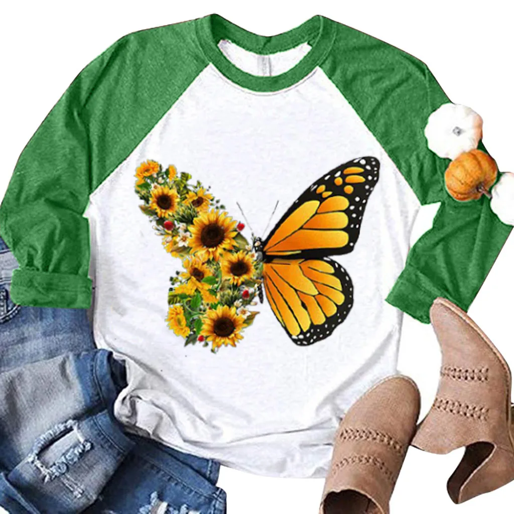 

Women Casual Butterfly Sunflower Printed Raglan Long Sleeve Shirts Blouse Tops Toe Band Womens Kayak Apparel