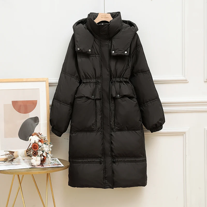 2022 Women's Winter New White Duck Down Mid-Length Coat Korean Version Loose Waist Hooded Down Jacket Clothes