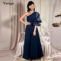verngo simple navy blue chiffon prom dresses one shoulder puff sleeves ankle length arabic women formal party dress evening gown
