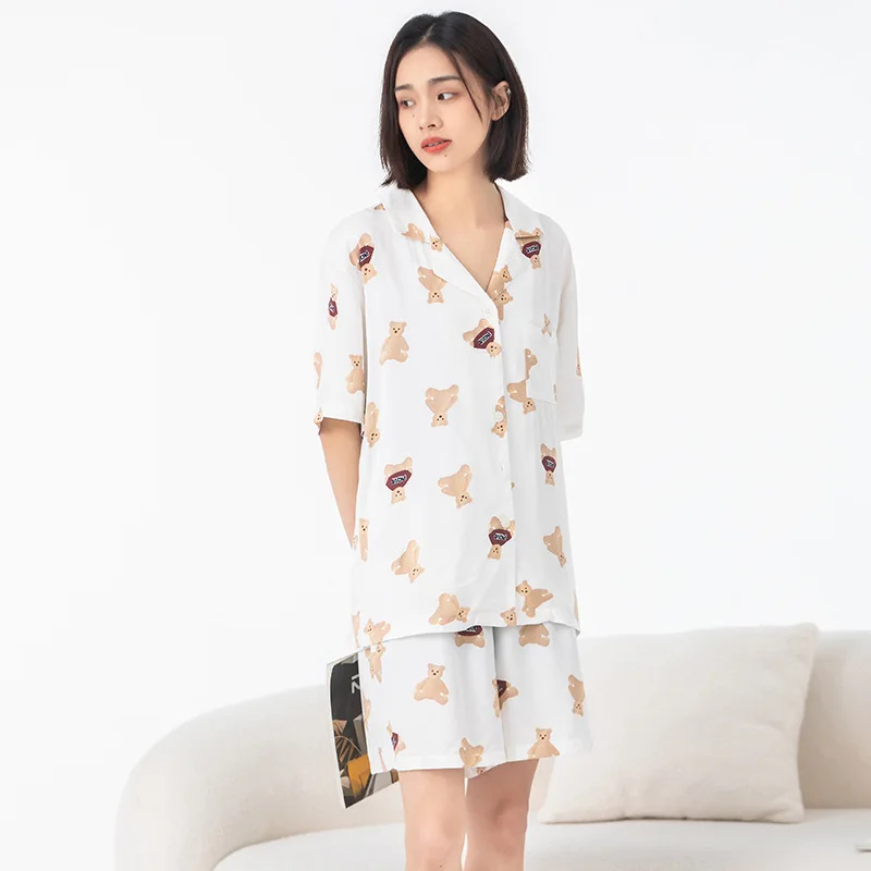 Spring Summer Women Home Wear Sets Short-sleeved Two-piece Sleepwear Cute Bear Print Pajama Breathable Casual Pajamas Suits
