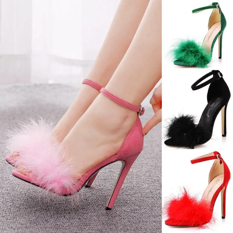 Women Summer Sandals Fluffy Peep Toe Stilettos High Heels Fur Feather Lady Wedding Shoes Large Size 42