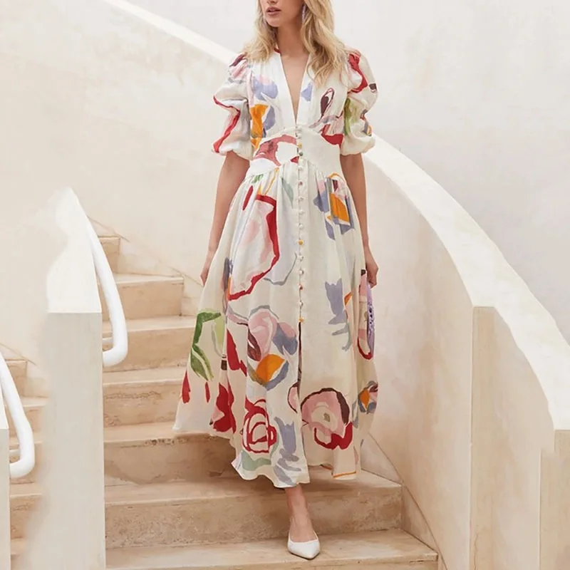 

Vintage Prints Women's Dresses 2023 New V-neck Short Sleeve Clothing Summer Fashion A-LINE Empire Floral Slim Fit Women Dress