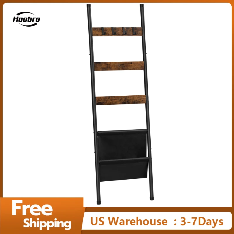 

HOOBRO Towel Ladder Towel Rack With 5 Rails And 4 Hooks Clothes Ladder For Bath Towel Space Saving Stable Rustic Brown And Black