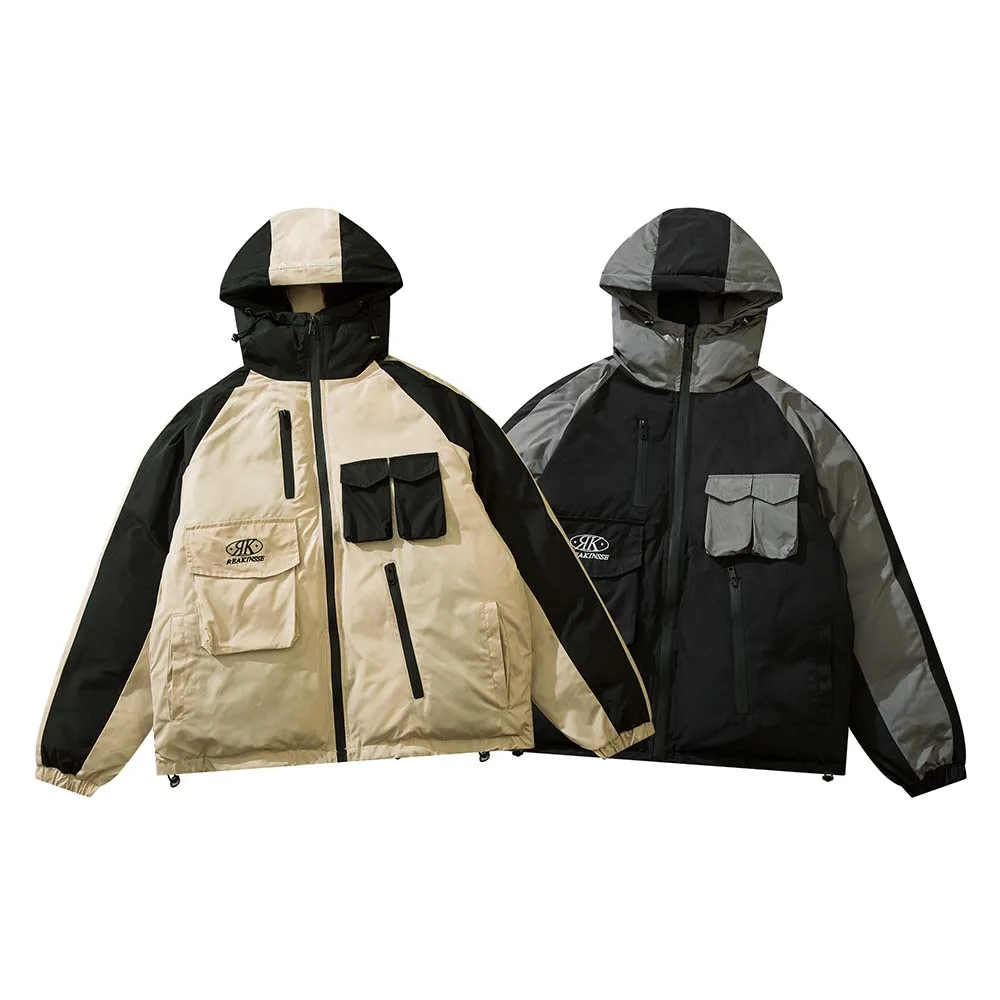 Harajuku Thick Puffer Jacket Men Cotton Colour block Hooded Padded Jackets Japanese Casual Oversize Coat Winter Unisex Parkas