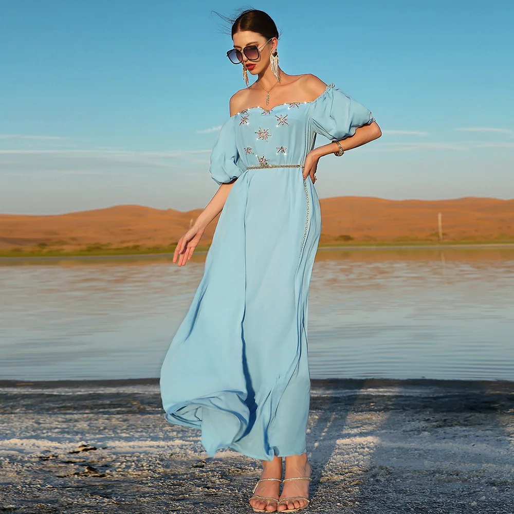 

Blue Slash Neck Princess Sleeve Backless Diamond Middle East Arabian Party Dress Fashion Vestidos Elegantes Para Mujer