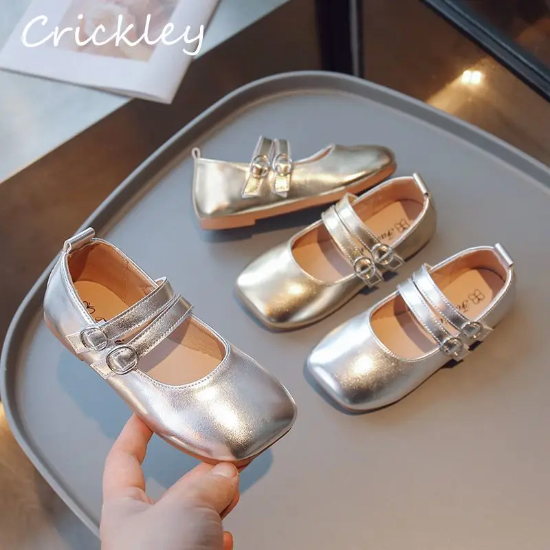 

2023 Solid Children Flats Shoes Gold Silver PU Leather Soft Girls Ballet Flats Buckle Shallow Hook Loop Kids Princess Shoes