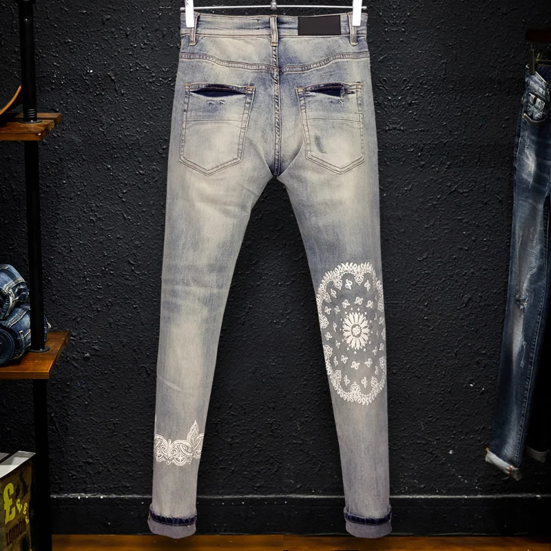 Street Fashion Men Jeans High Quality Retro Elastic Stretch Skinny Ripped Jeans Men Printed Designer Hip Hop Brand Pants Hombre