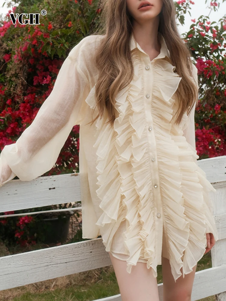 

VGH Solid Patchwork Ruffles Shirts For Women Lapel Long Sleeve Spliced Single Breasted Loose Blouses Female Spring Clothing New