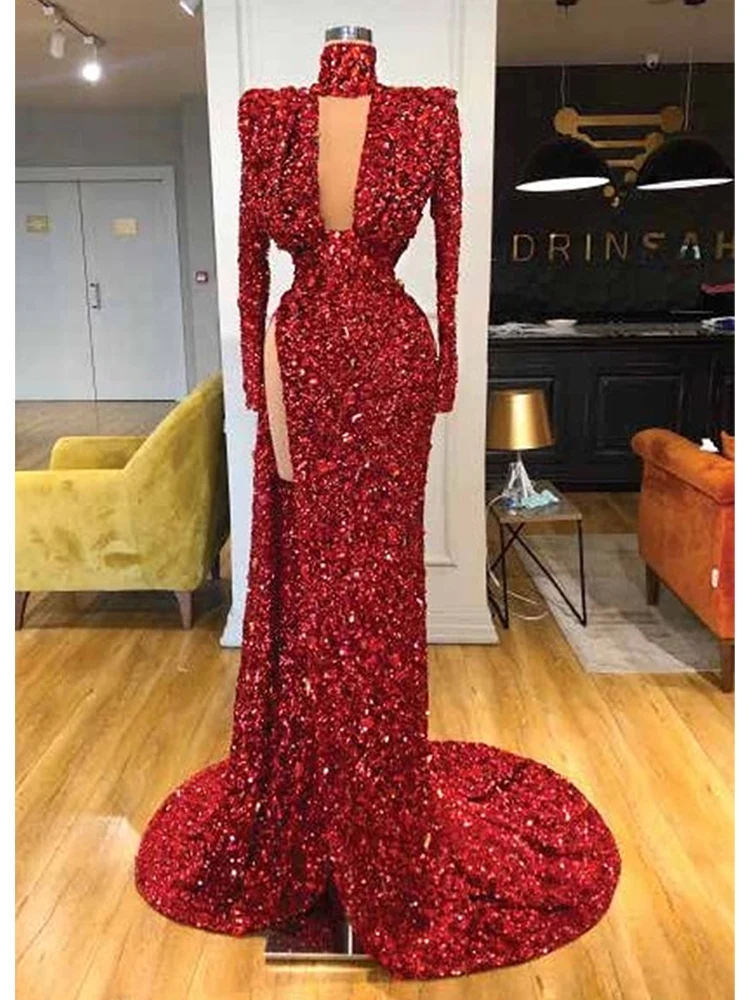 

Сексуальные платья для выпускного вечера с высоким разрезом и длинным рукавом, женское блестящее платье с блестками на заказ