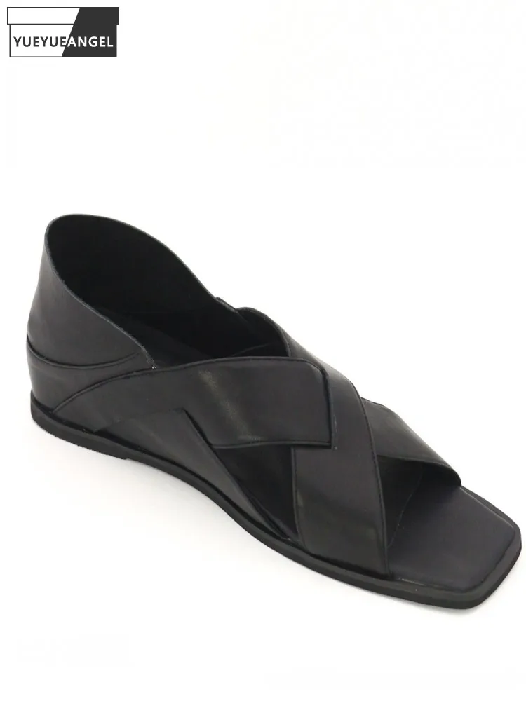 

Сандалии-гладиаторы женские из натуральной кожи, модные дизайнерские босоножки без застежек, элегантная обувь на танкетке, с открытым носком, черные