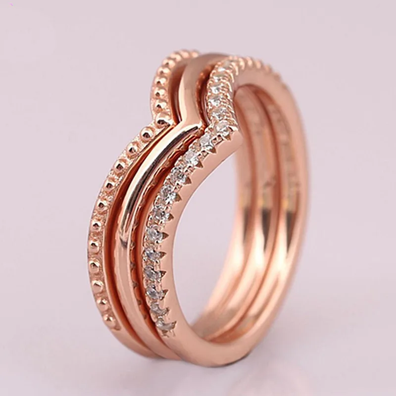 

Authentic 925 Sterling Silver Sparkling Rose Gold Wish Bone With Crystal Ring For Women Wedding Party Europe Fashion Jewelry