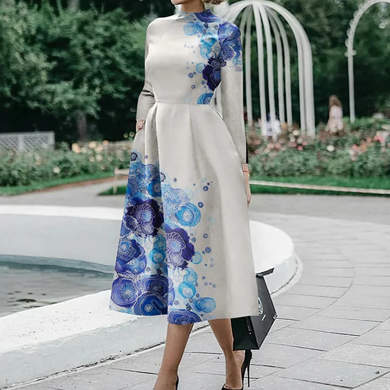 

Vintage Floral Print Hem Long Dress Women Spring Elegant O Neck Boho Party Dress Autumn Long Sleeve Loose Pullover Dress Vestido