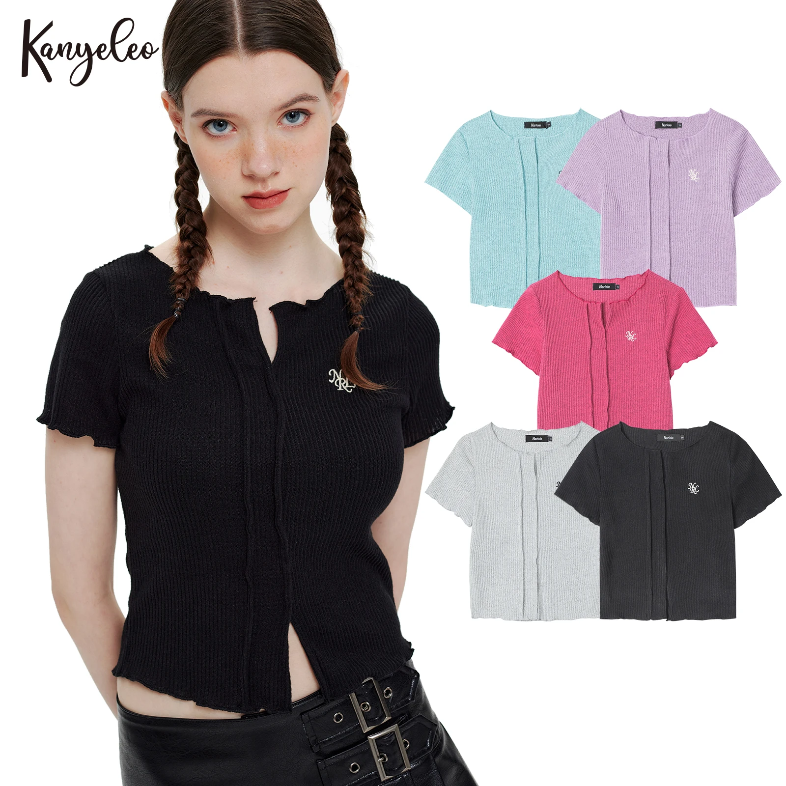 

KANYELEO 2023 Summer Small V-Neck Spicy T-Shirt Short-Sleeved Solid Color Short Section Slim Slim Knit Revealing Tops