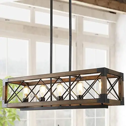 

Chandelier for Dining Rooms, 3-Light Rectangular Chandelier, Wood Kitchen Island Lighting, 23.5'' L