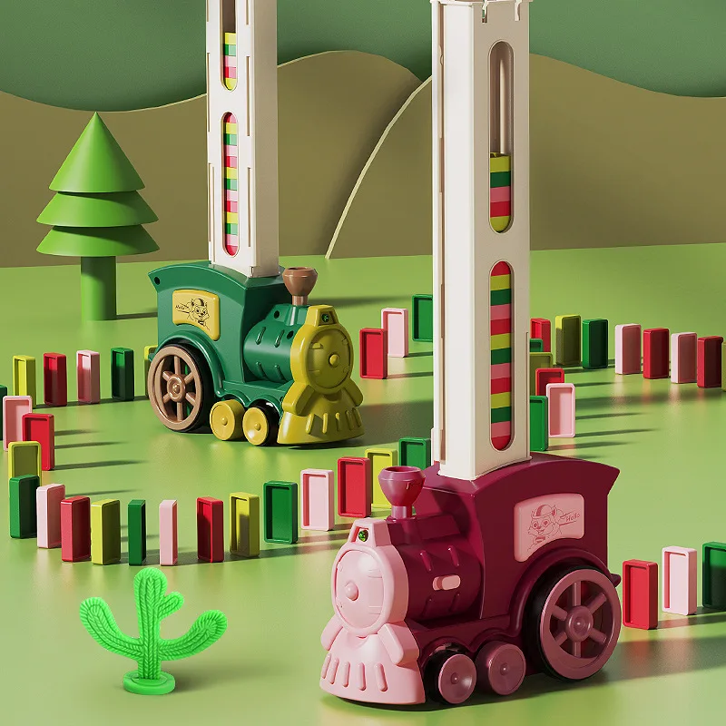 Tren de dominó eléctrico de juguete para niños, juego de dominó automático con luz de sonido, bloques de ladrillo, juego educativo, regalo