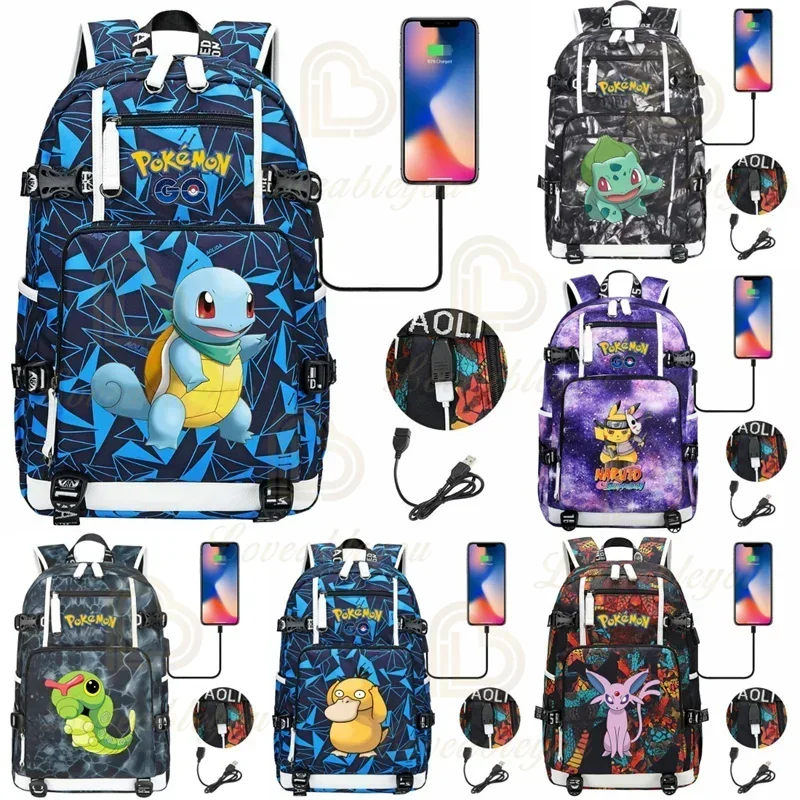 Фото Рюкзак Bulbasaur Pikachu, школьный рюкзак с USB для детей, канцелярские принадлежности для учебы, основные аниме-фигурки, сумки для книг, Mochila, подарок №1