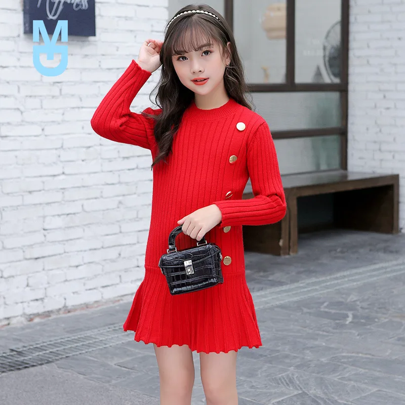 

New Autumn Big Girls Christmas Dress Girls Winter Knit Sweater Dresses Baby Girls' Knit Button Red Black Dress Fashion Kids Clot