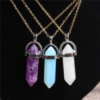 natural crystal stone necklace hexagon pillar gold stainless steel chain pendant for diy jewelry men and women 29 style