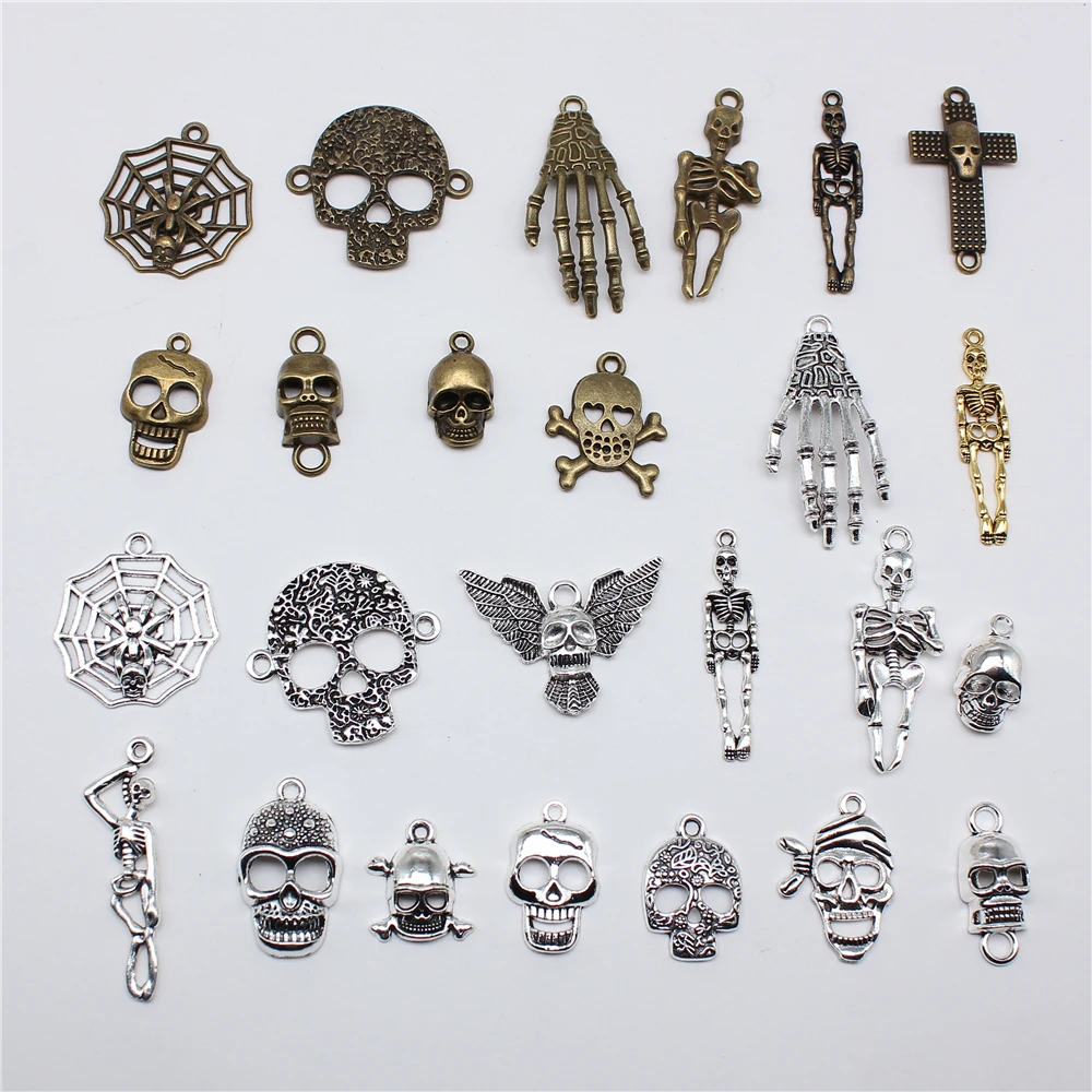 

10pcs Skull Skeleton Charms For Jewelry Making Tibetan Bronze Silver Color Pendants Antique Jewelry Making DIY Handmade Craft