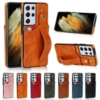 leather stand case for samsung s22 21 20 ultra note20 a73 a53 soft cover wrist strap holder card bag