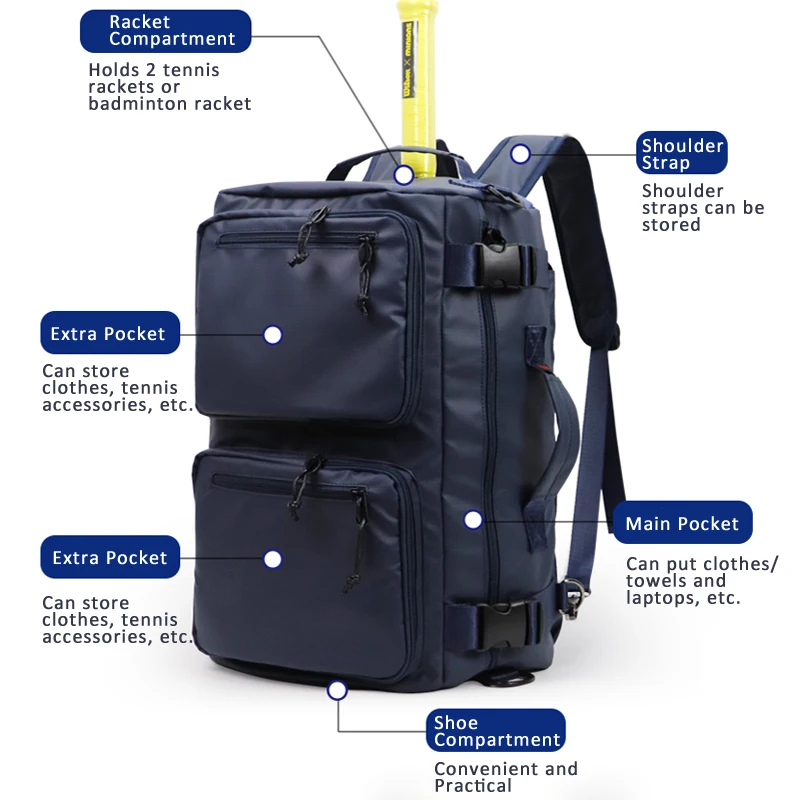 GreatSpeed Tennis Bag Badminton Bag Shoulder Portable Sports Backpack 2 in 1 Fashion Large Capacity with Shoe Compartment