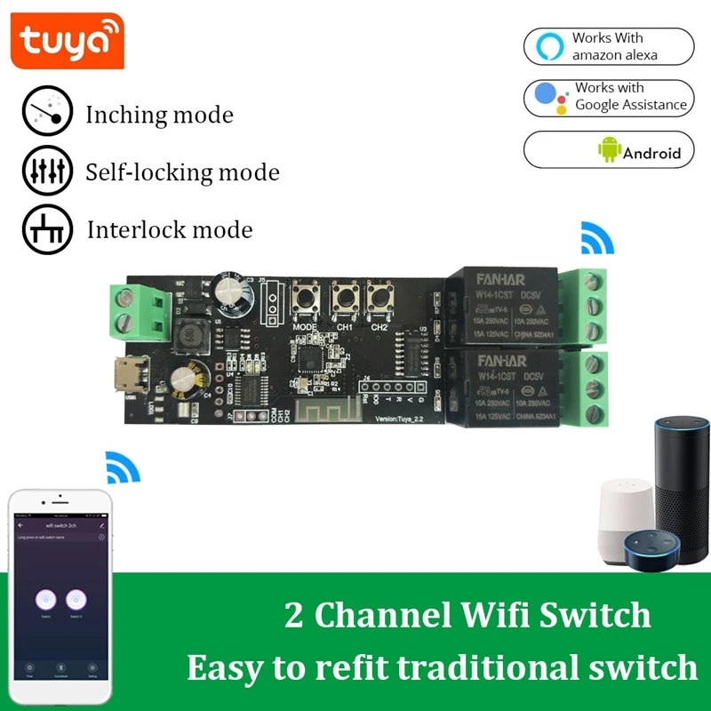 

Модуль реле переключения Wi-Fi Tuya, 2-канальное приложение для дистанционного управления для Alexa Google Home Alice