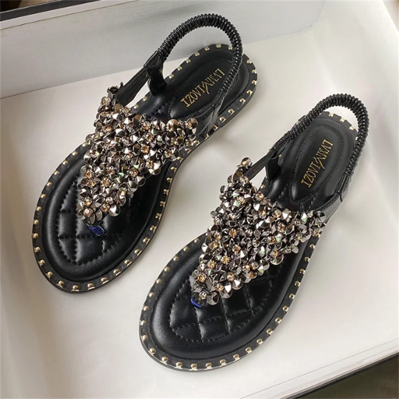 

Clamping Fashion Sandals Women's Summer Flat Casual Shoes Popular Beaded Elastic Band Sandale Femme Flats Roman Shoes Size 41 43