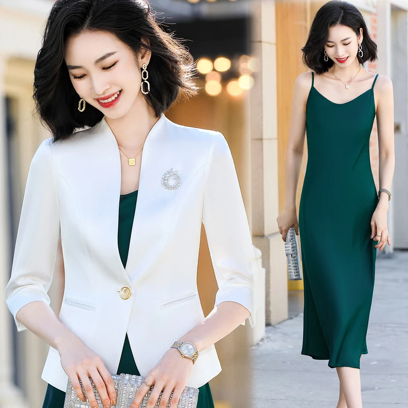 Korean Spring Summer Dress Suits Women Fashion Two Piece Set Outfits Blazer Top Office Ladies Formal OL Work Professional Wear