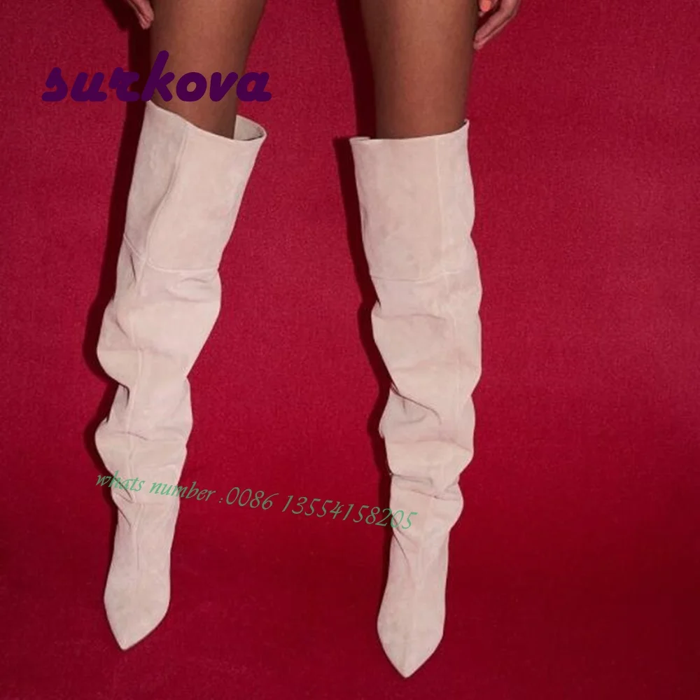 Замшевые плиссированные ботинки на шпильке 2024 новые дизайнерские женские сапоги