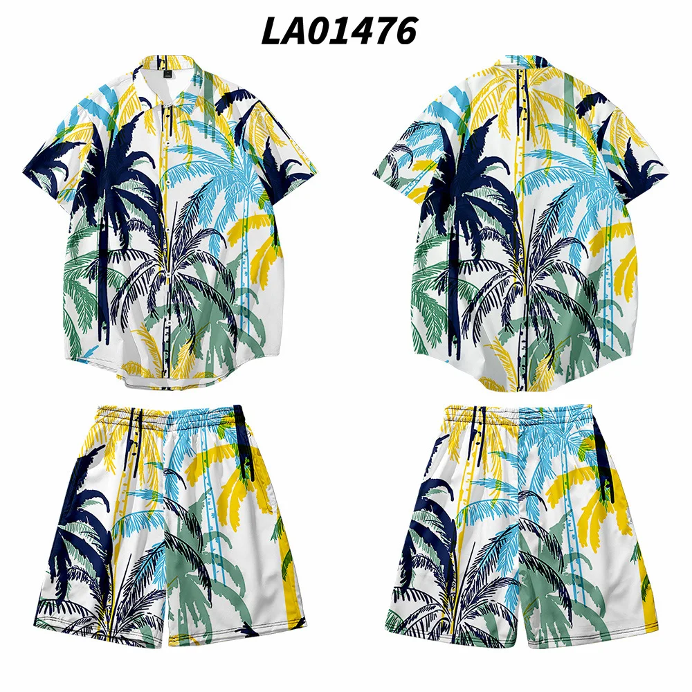 Summer Men 2PCS Pajamas Sets Turn-Down Collar T-Shirt&Shorts Pyjamas Suit Print Beach Holiday Shirts Casual Home Wear Oversize