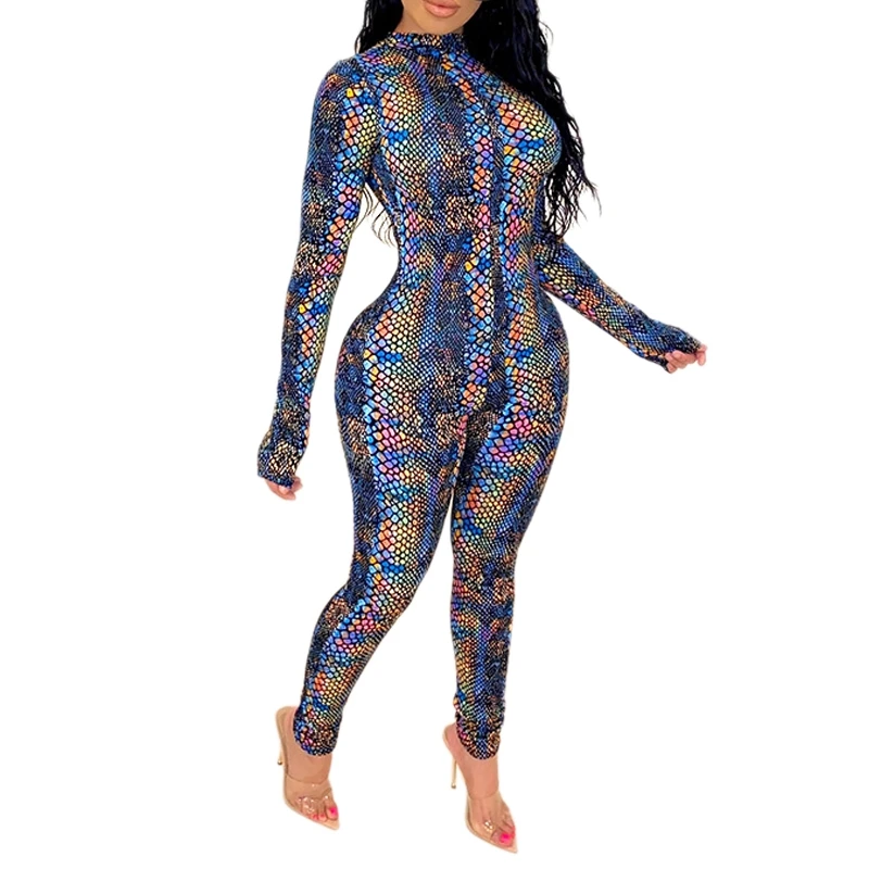 

Summer Women Jumpsuits Rompers Full Sleeve O-Neck Serpentine Print Sexy Club Party Bandage One Piece Outfits XXXL