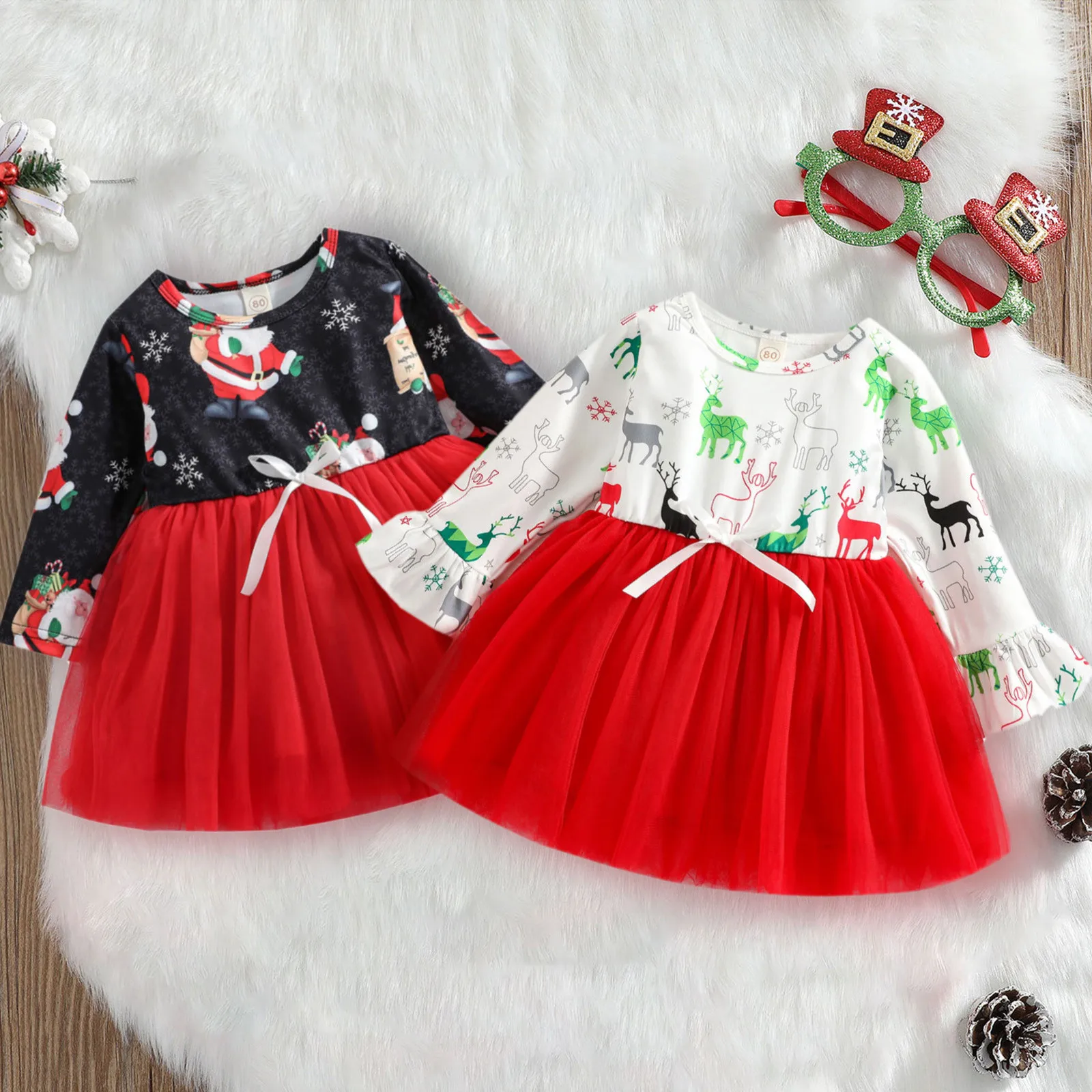 

Рождественское платье-пачка для маленьких девочек, Сетчатое платье принцессы с длинным рукавом, мультяшным принтом Санта-Клауса, оленя, бан...
