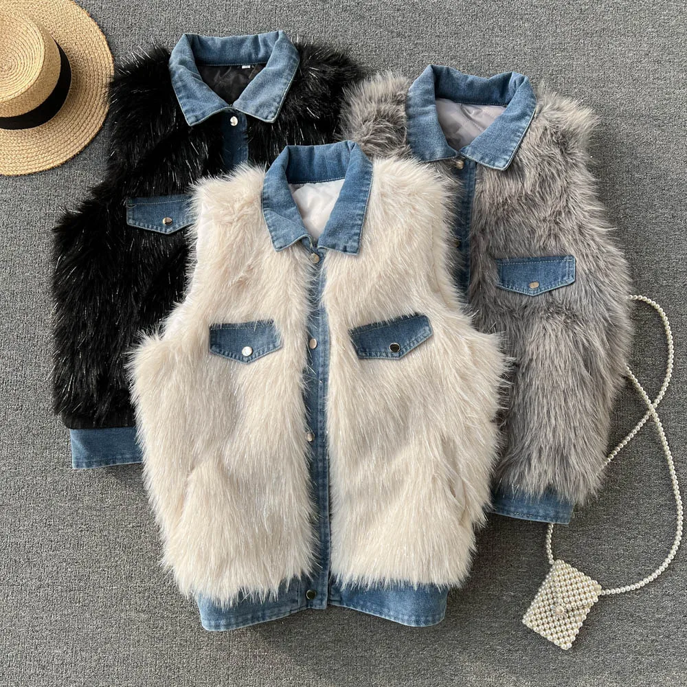 

Autumn and Winter New Color Flap Collar Overlapping Denim Stitching Temperament Short Section Knitted Vest