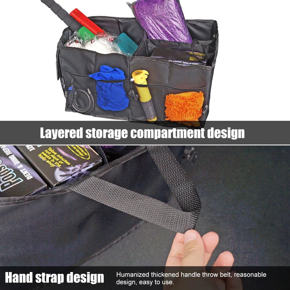 

Portable Car Trunk High Capacity Organizer Collapsible Storage Box Multi-Compartment With Mesh Pockets Cargo Storage Car Trunk