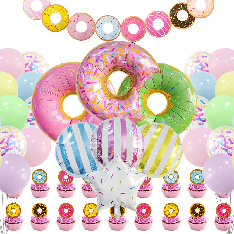 

SURSURPIRSE Maca Donut Candy Foil Balloon Banner Cupcake Topper for Baby Shower Girls 1st 2nd 3rd 4th Birthday Party Decoration