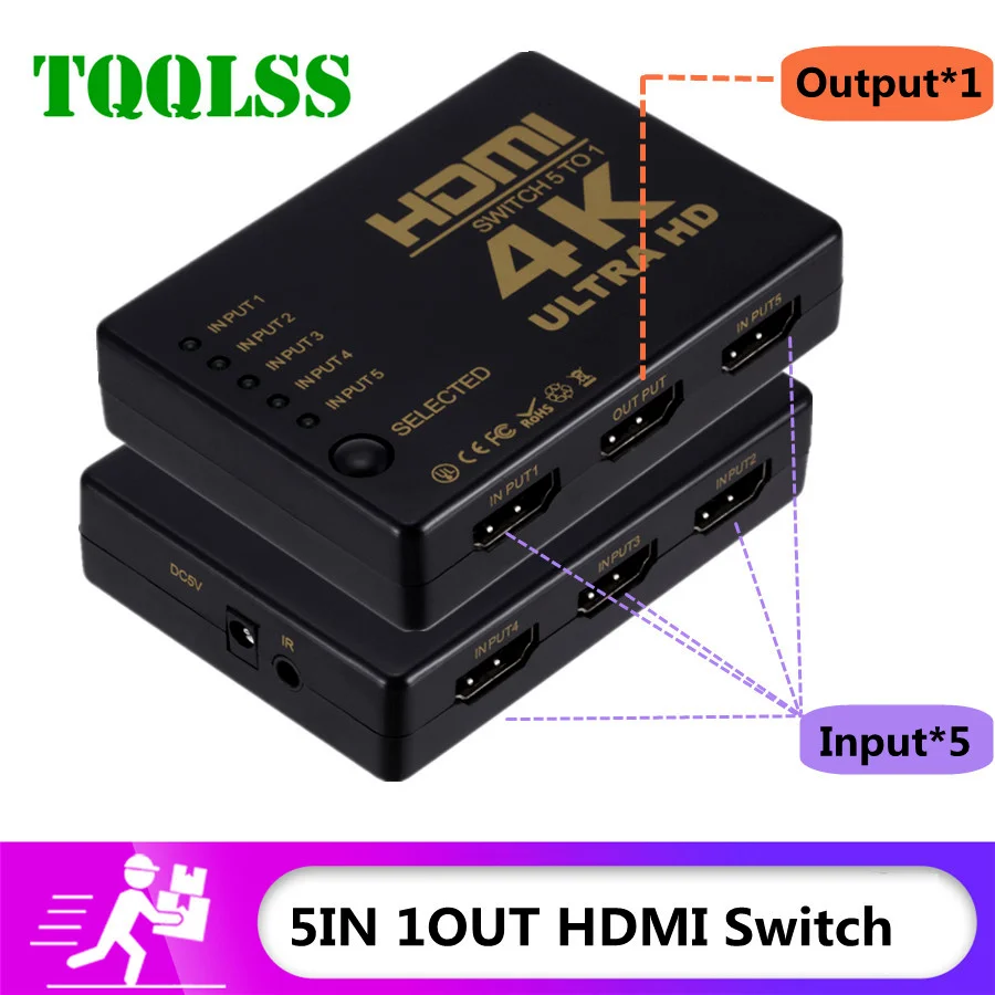 

4K 2K 5x1 HDMI Cable Splitter HD 1080P Video Switcher Adapter 5 Input 1 Output Port HDMI Hub for Xbox PS4 DVD HDTV PC Laptop TV