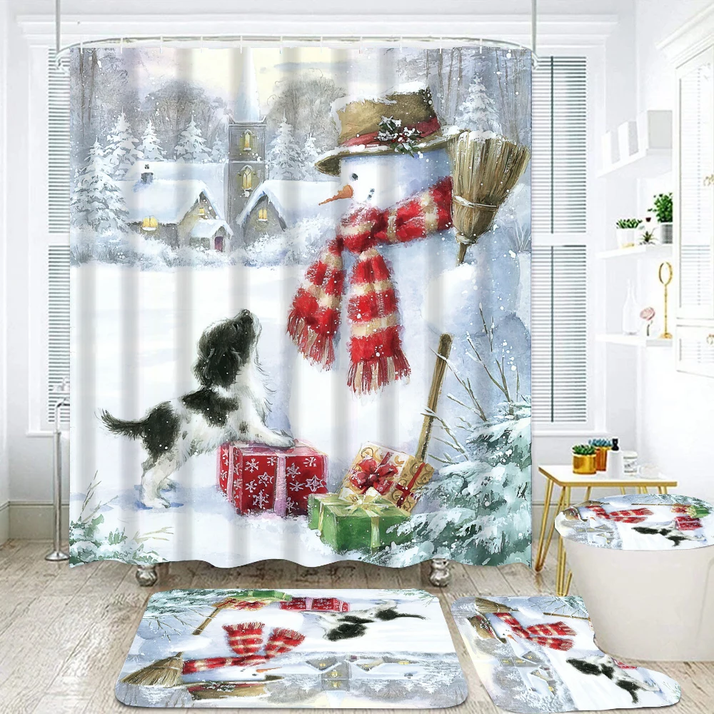 

Snowman Christmas Shower Curtain Set with Non-Slip Rugs Toilet Lid Bath Mat Christmas Shower Curtain Waterproof Bathroom Decor