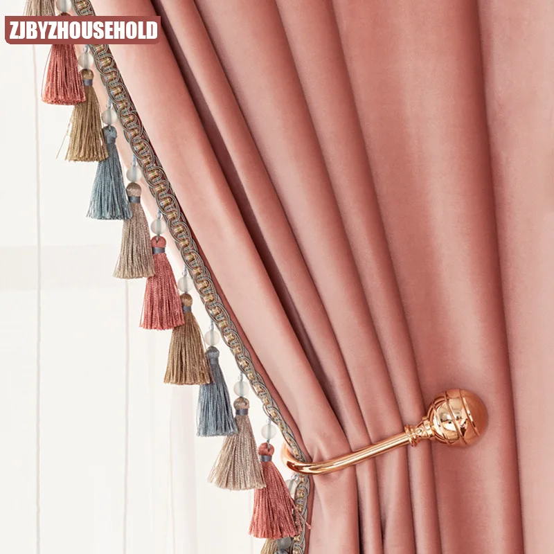 

Light Luxury Pink Velvet Curtains for Living Room Bedroom Girl American Nordic Simple Cotton Thickened Tassel New Window