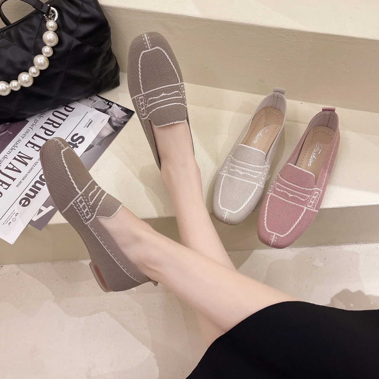 Women Flats Pumps knitting Fabric Breathable Soft Sole loafers Female Leisure Shoes Fashion Slip-on Egg Roll Shoes for Woman