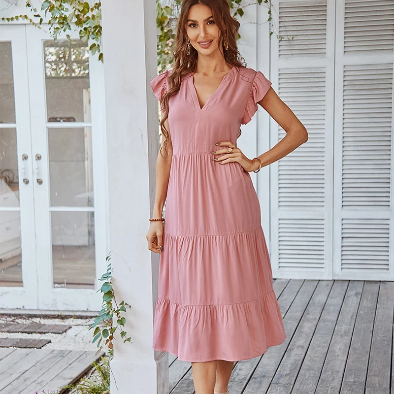 

Летние женские платья с V-образным вырезом, новинка 2023, однотонное Плиссированное повседневное праздничное платье-трапеция в стиле пэчворк,...