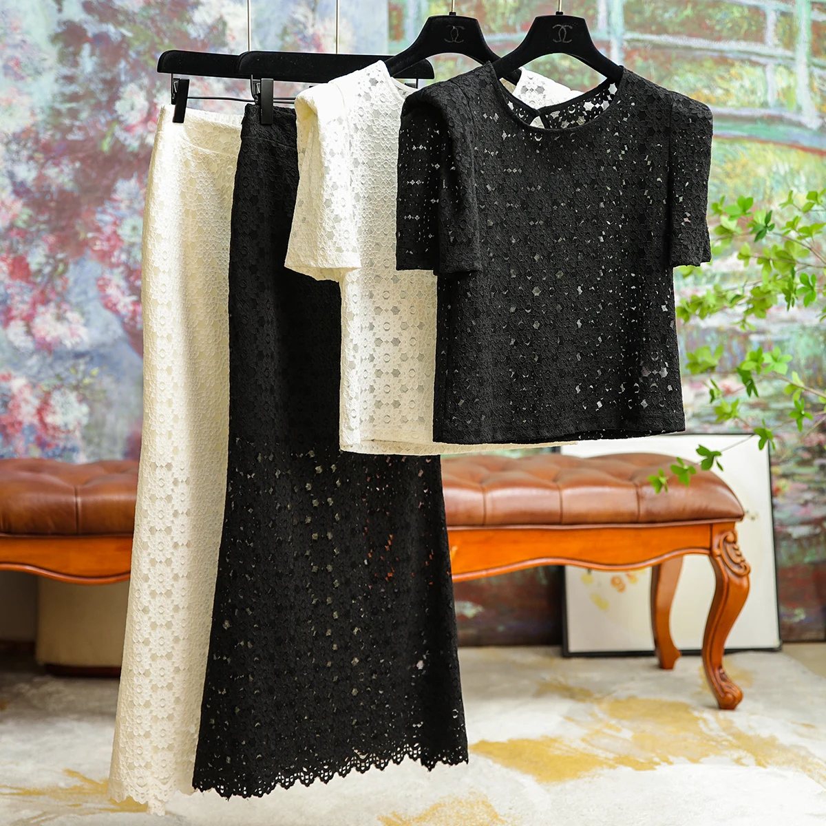 

Sexy Lace Fishtail Dress Fashion Set Female Hollow Temperament Elegant Two-piece Set Office Ladies Simple Slim Women Clothing