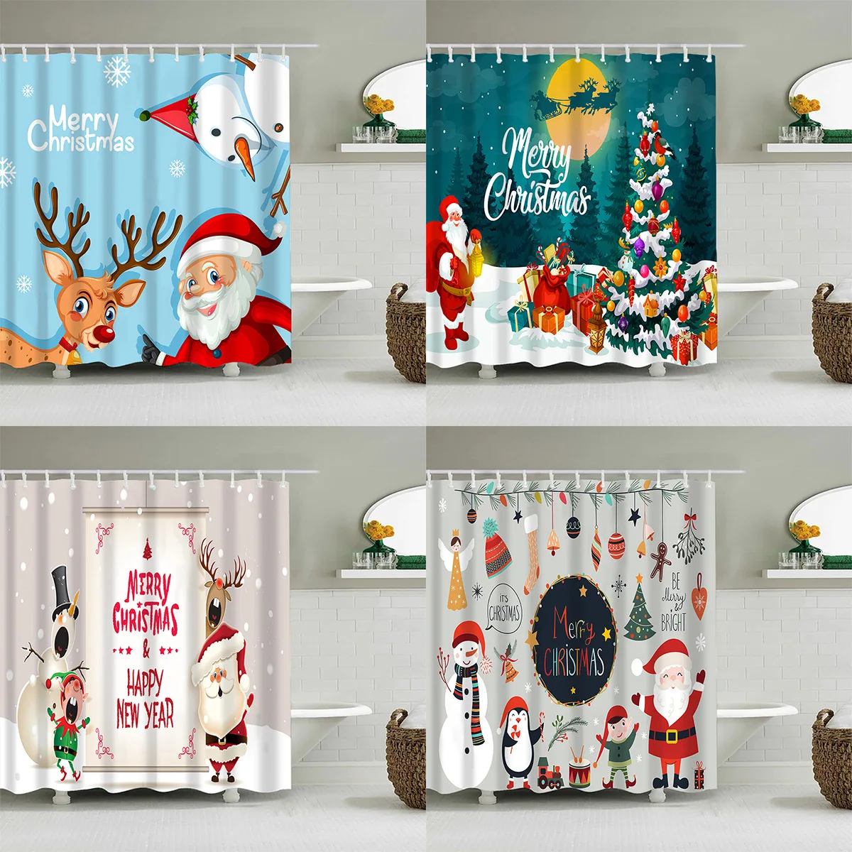 

Рождественская декоративная занавеска для душа, 3D экран для ванны с Санта-Клаусом, снеговиком, лось, дерево, для ванной комнаты, водонепрони...