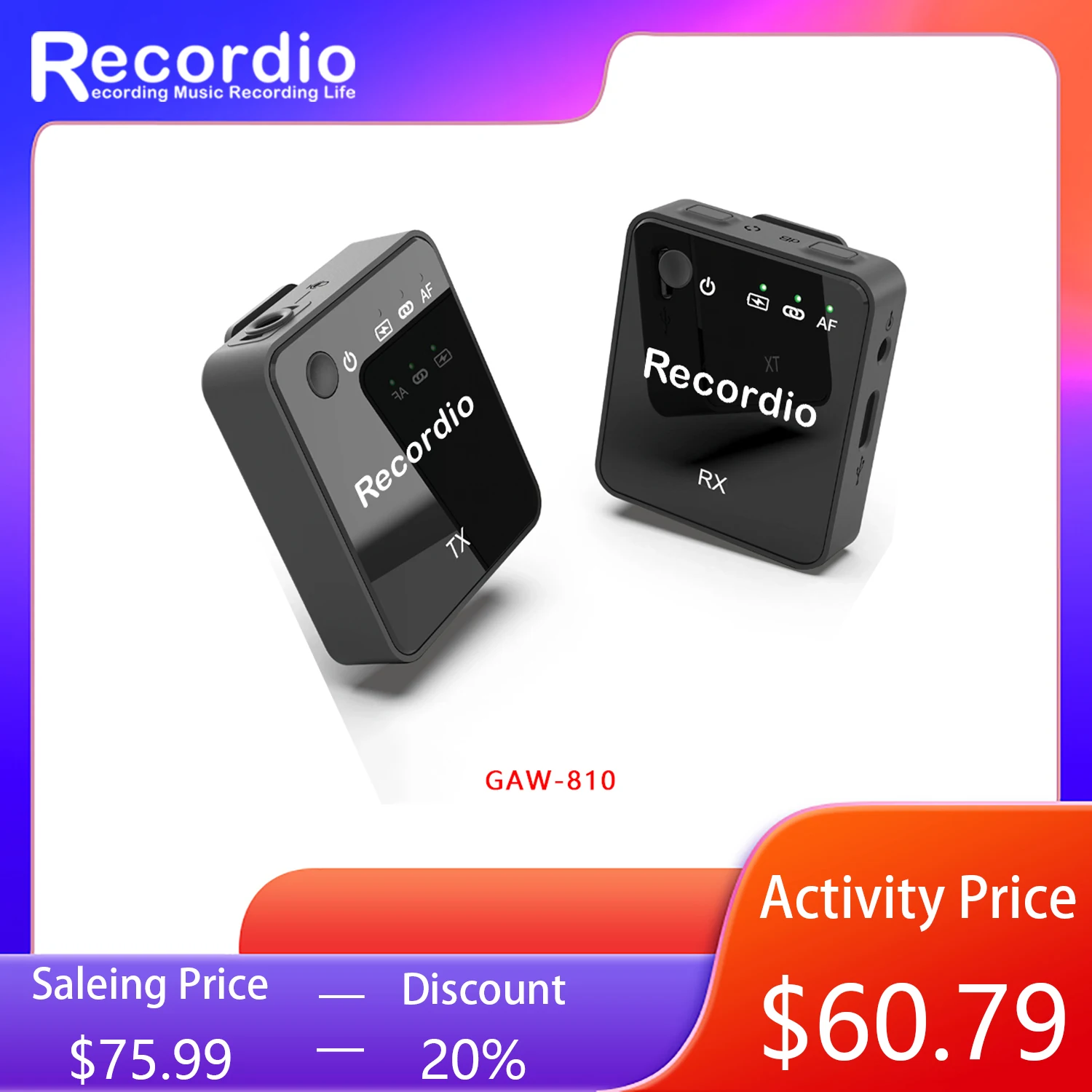 

GAW-810 Recordio Wireless Go Mini wireless Lavalier Microphone Kit For Vlogger Photo Video Audio Recording Live Interview Mic