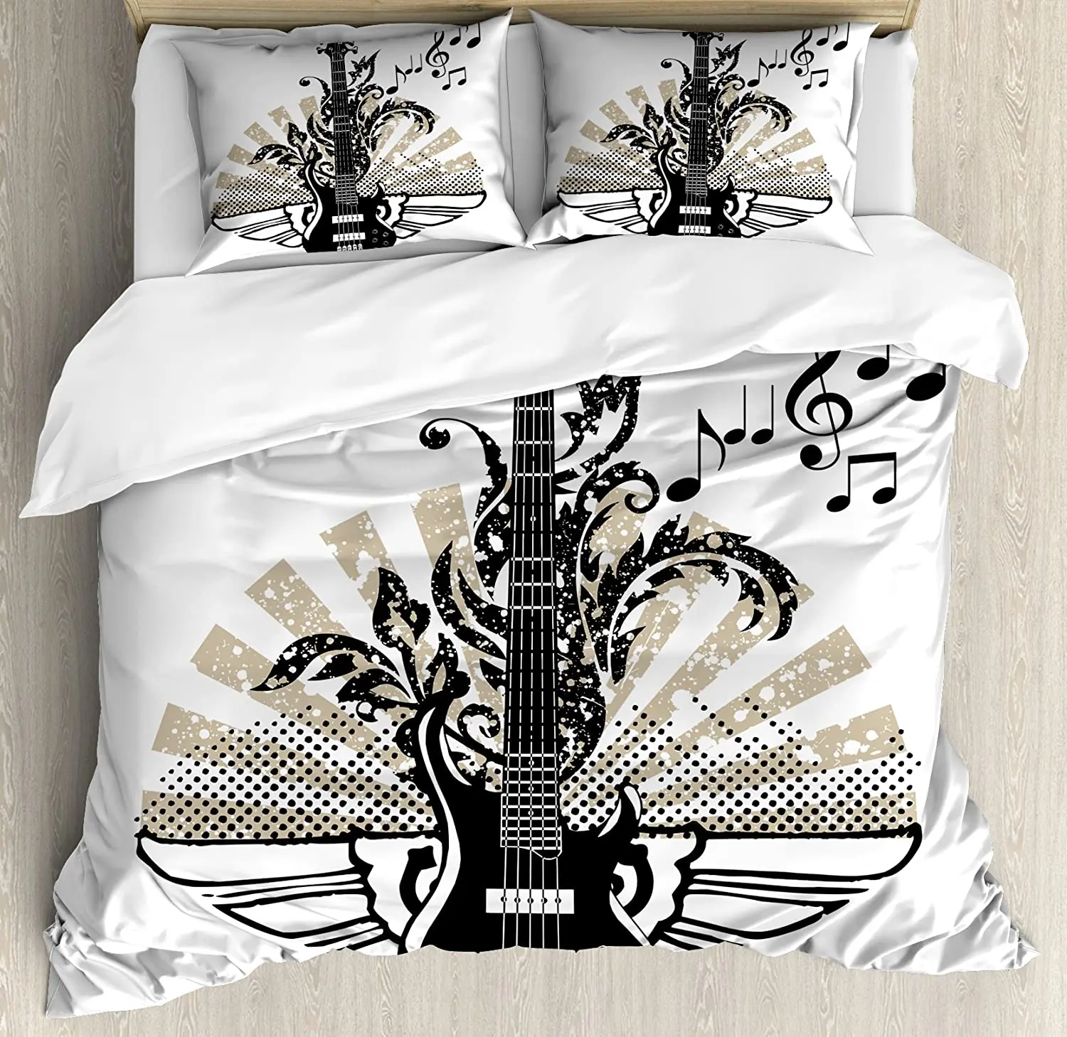 

Guitar Bedding Set Comforter Duvet Cover Pillow Shams Geometrical Elements Stripes Swirls Dots Line Bedding Cover Double Bed Set