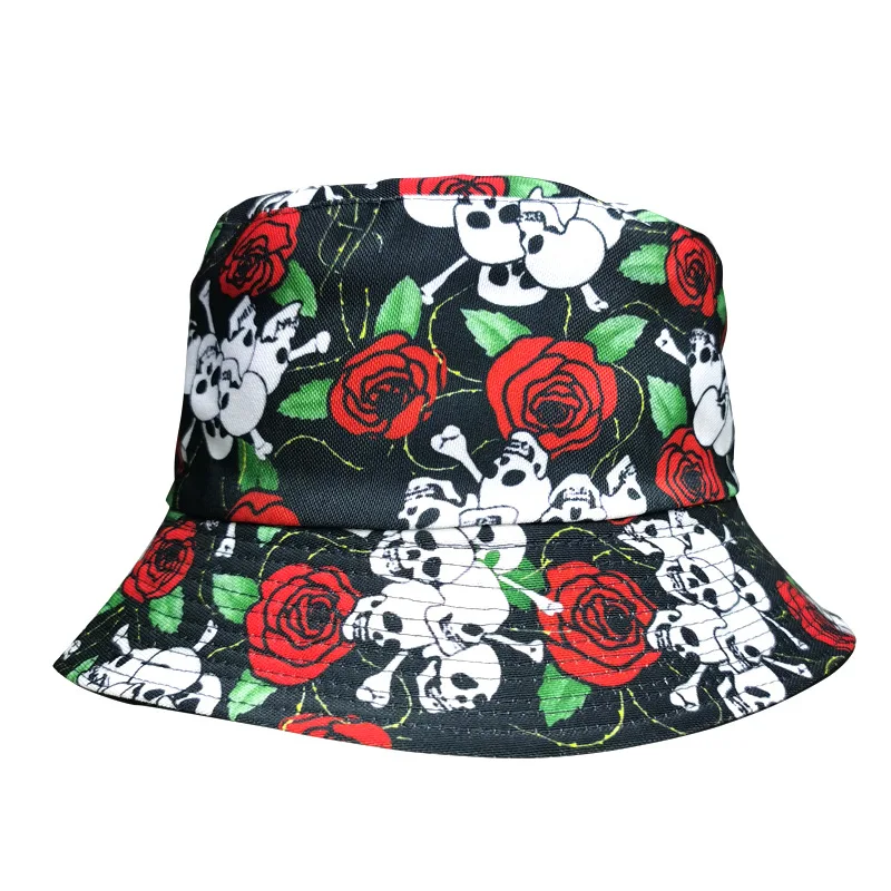 

Women Men Couple Cotton Hat Hip Hop Cap Skull Floral Panama Bucket Hat Sun Flat Top Fisherman Hats Boonie
