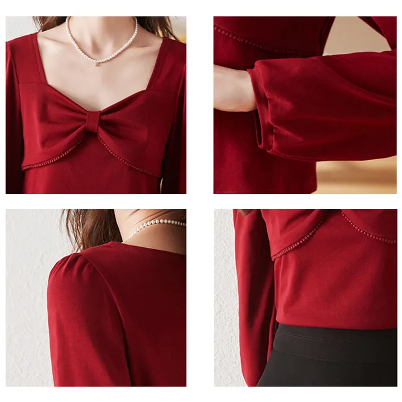 Новая женская блузка с длинным рукавом и бантом квадратным воротником рубашка