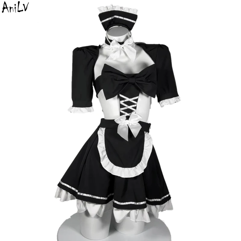 

AniLV Women Coffee Maid Dress Temptation Uniform Sexy Lingerie Anime Girl Black Bow Nightdress Outfits Pajamas Erotic Costumes